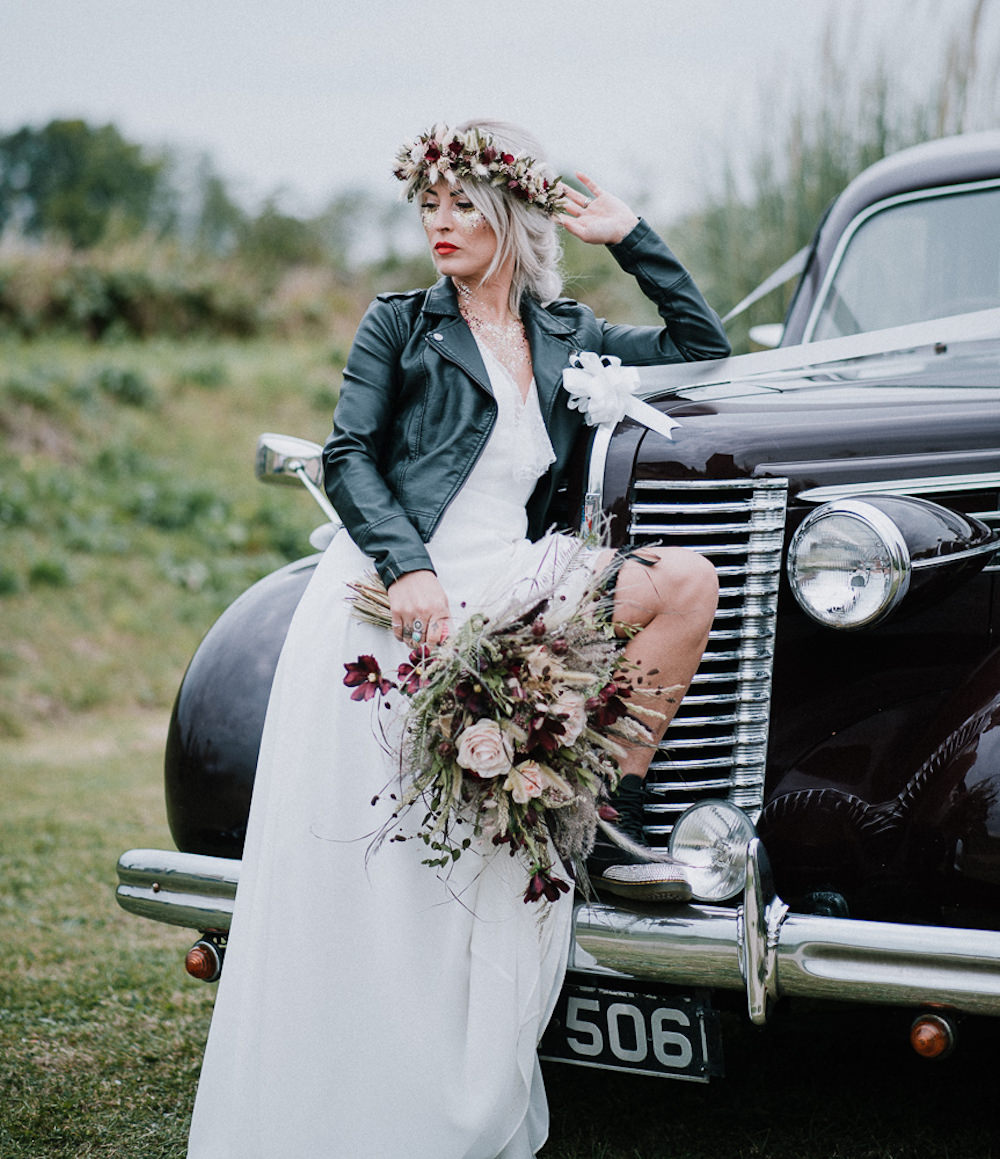 Bride Bridal Dress Gown Lace Back Lisa Lyons Leather Jacket Unconventional Wedding Ideas Pierra G Photography