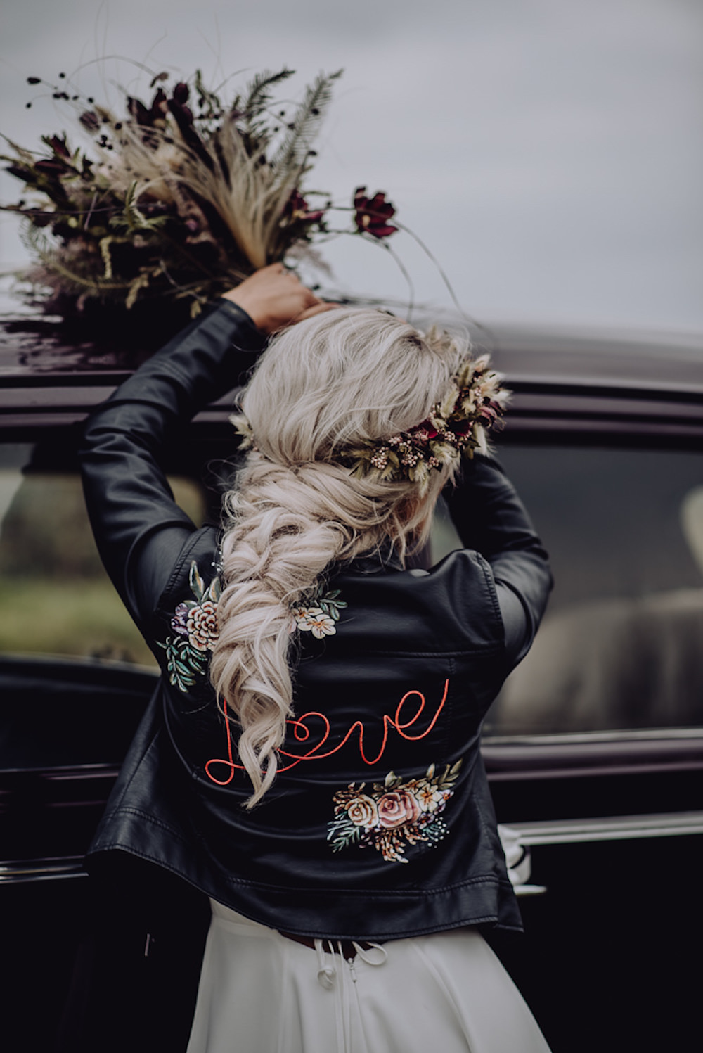 Leather Jacket Personalised Painted Bride Bridal Hair Style Up Do Plait Braid Flower Crown Unconventional Wedding Ideas Pierra G Photography