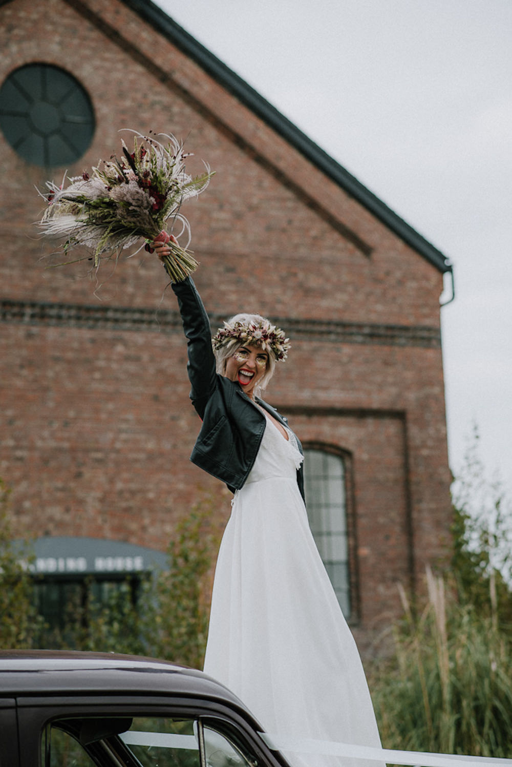 Bride Bridal Dress Gown Lace Back Lisa Lyons Leather Jacket Unconventional Wedding Ideas Pierra G Photography
