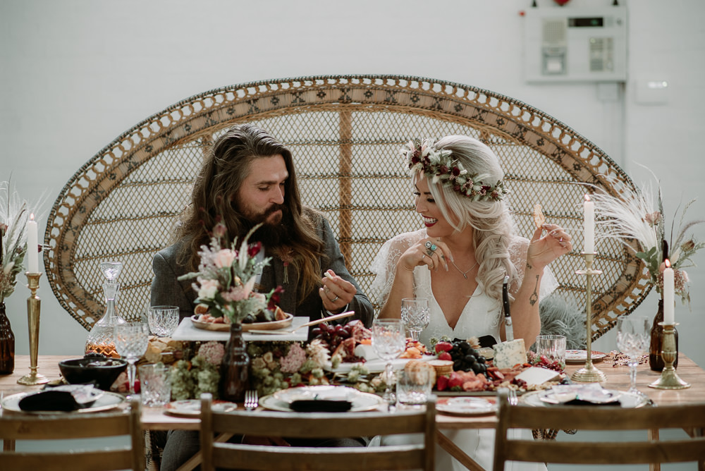 Grazing Table Sharing Platter Pampas Grass Flowers Bottles Peacock Chairs Unconventional Wedding Ideas Pierra G Photography