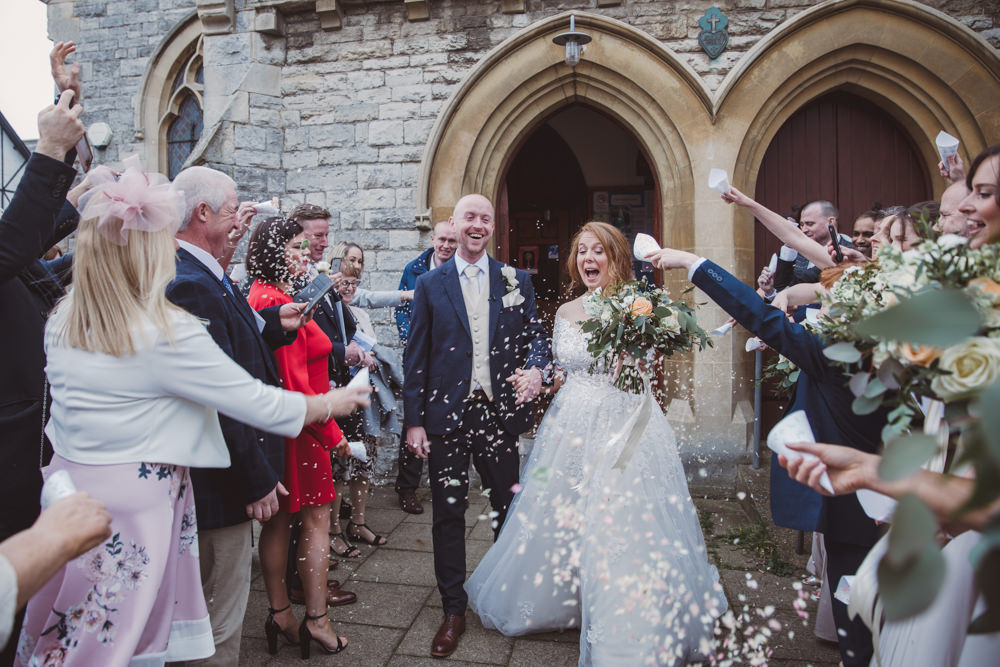 Bride Bridal Lace Bardot Button Back A Line Dress Gown Navy Suit Cream Waistcoat Groom Long Up Do Confetti Watercolour Wedding Kerry Ann Duffy Photography