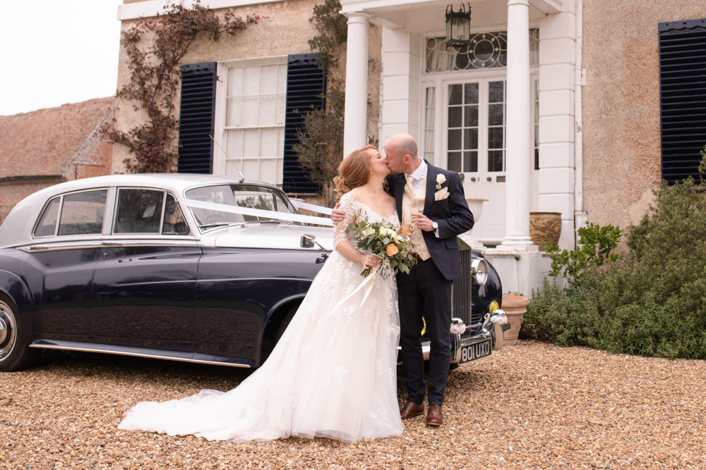 Bride Bridal Lace Bardot Button Back A Line Dress Gown Navy Suit Cream Waistcoat Groom Long Up Do Vintage Car Watercolour Wedding Kerry Ann Duffy Photography