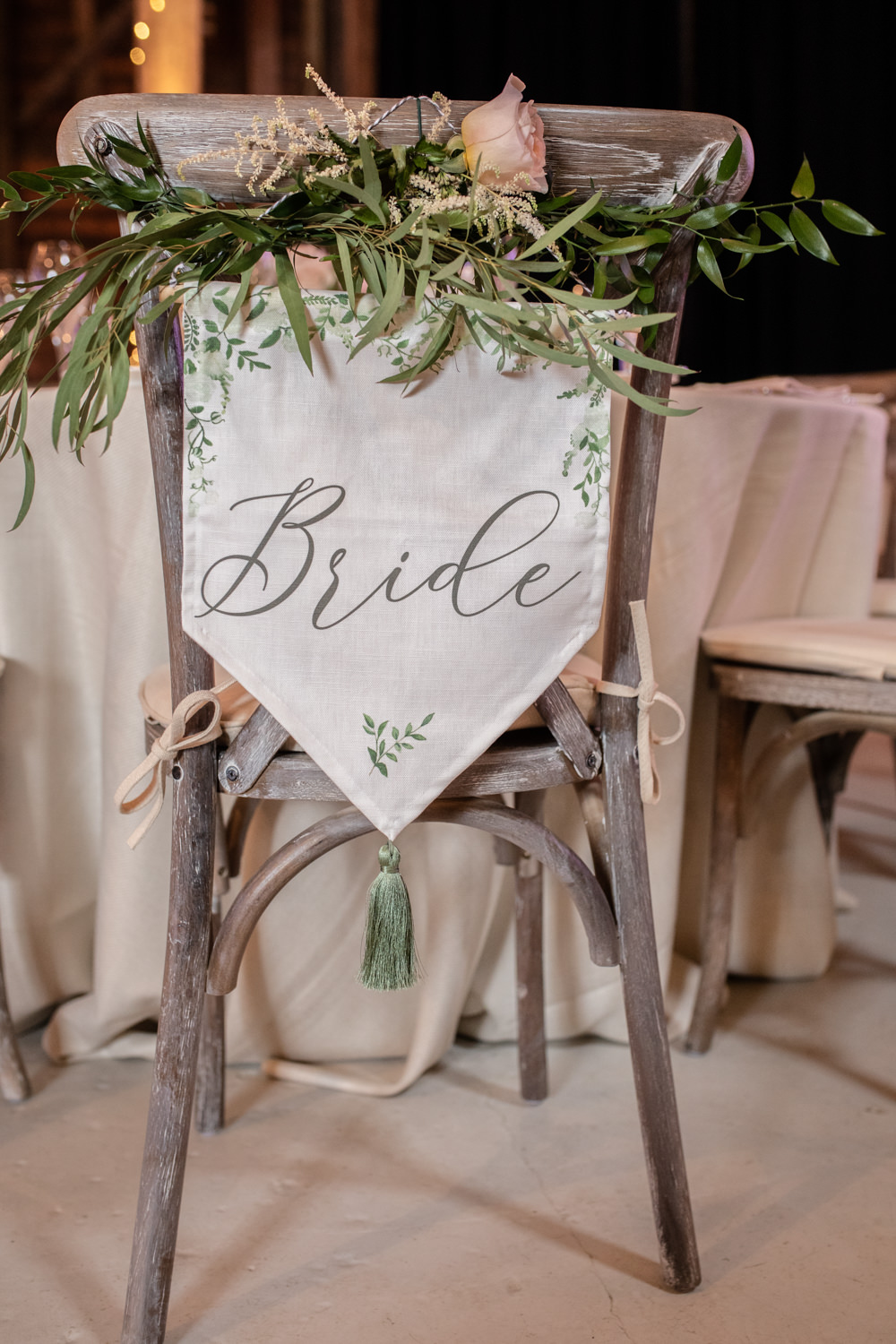 Bride Chair Sign Foliage Banner Cross Back Chairs Watercolour Wedding Kerry Ann Duffy Photography