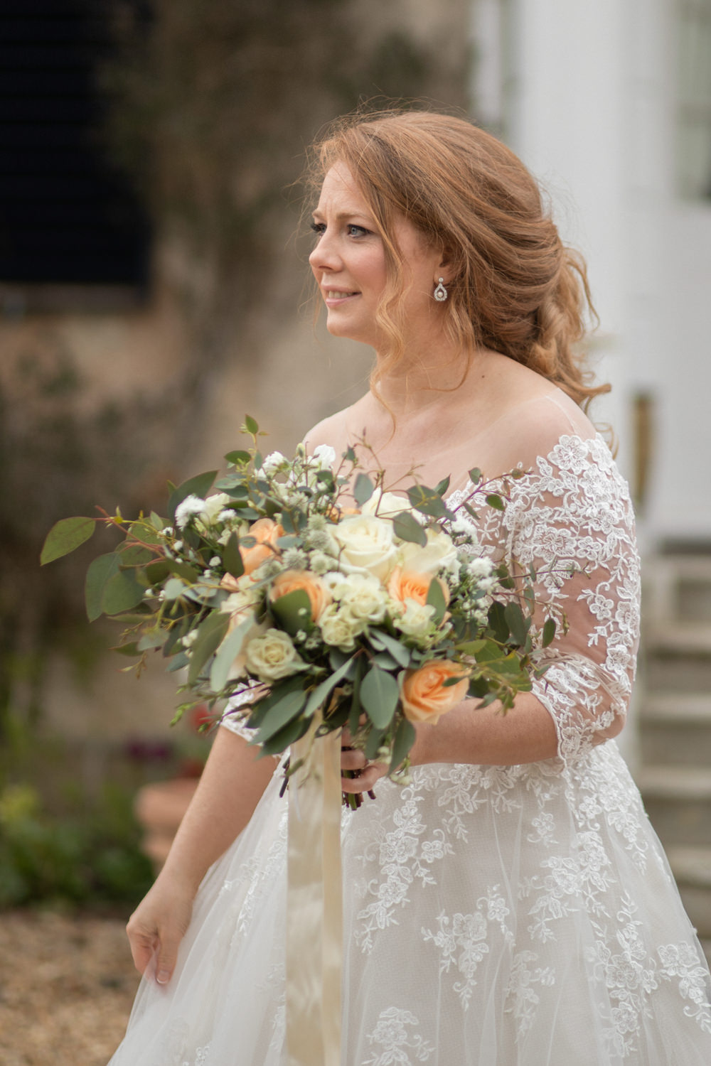 Bride Bridal Lace Bardot Button Back A Line Dress Gown Long Up Do Watercolour Wedding Kerry Ann Duffy Photography