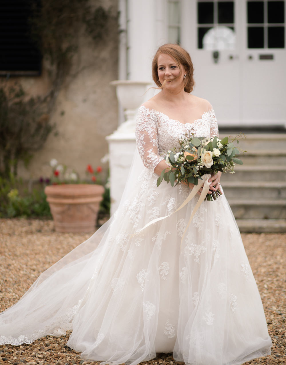 Bride Bridal Lace Bardot Button Back A Line Dress Gown Long Up Do Watercolour Wedding Kerry Ann Duffy Photography