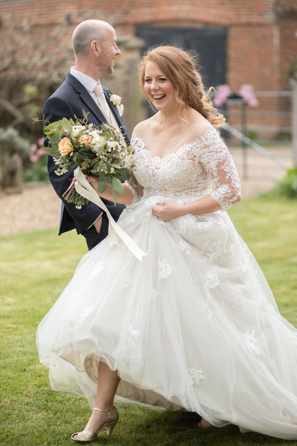 Bride Bridal Lace Bardot Button Back A Line Dress Gown Navy Suit Cream Waistcoat Groom Long Up Do Watercolour Wedding Kerry Ann Duffy Photography