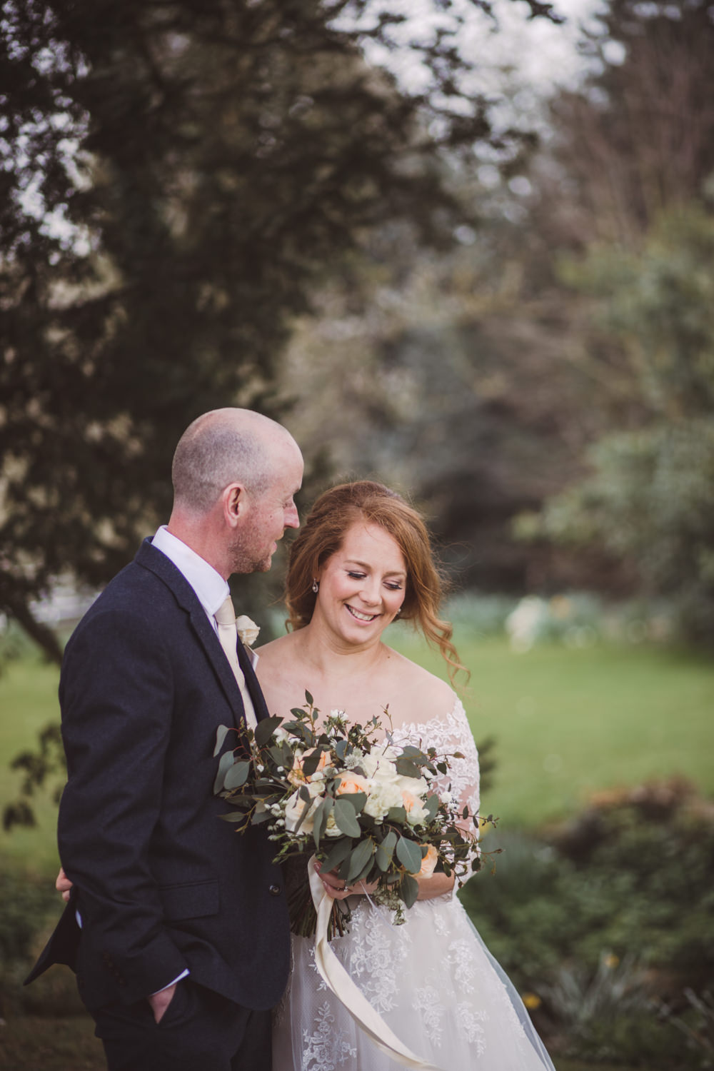 Bride Bridal Lace Bardot Button Back A Line Dress Gown Navy Suit Cream Waistcoat Groom Long Up Do Watercolour Wedding Kerry Ann Duffy Photography