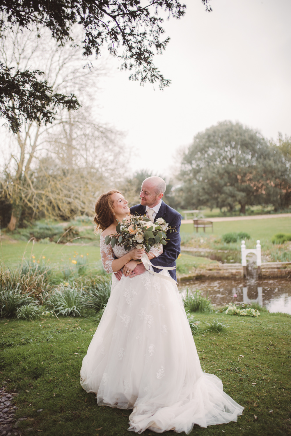 Bride Bridal Lace Bardot Button Back A Line Dress Gown Navy Suit Cream Waistcoat Groom Long Up Do Bouquet Watercolour Wedding Kerry Ann Duffy Photography