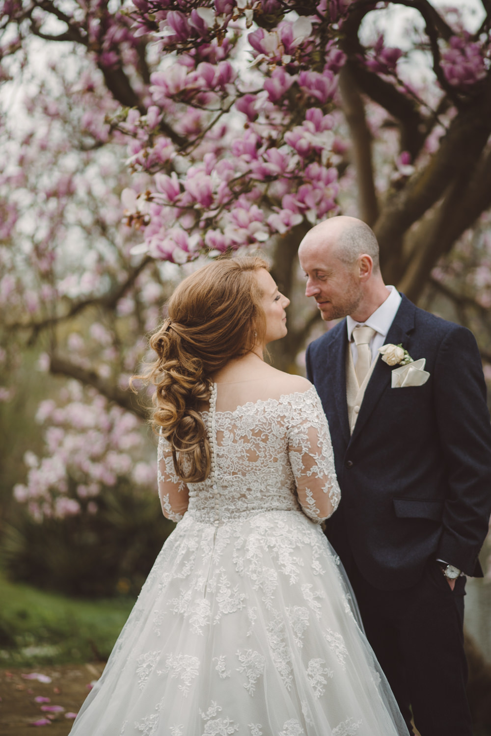 Bride Bridal Lace Bardot Button Back A Line Dress Gown Navy Suit Cream Waistcoat Groom Long Up Do Watercolour Wedding Kerry Ann Duffy Photography
