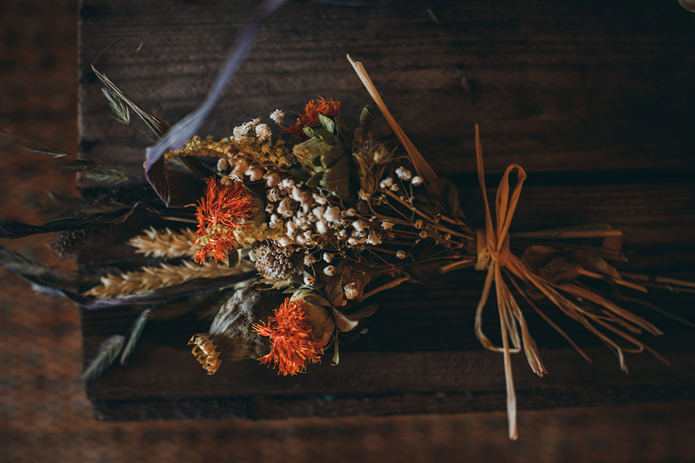 Dried Flowers Bouquet Bride Bridal Wheat Gypsophila Autumnal Rustic Wedding Mark Tattersall Photography