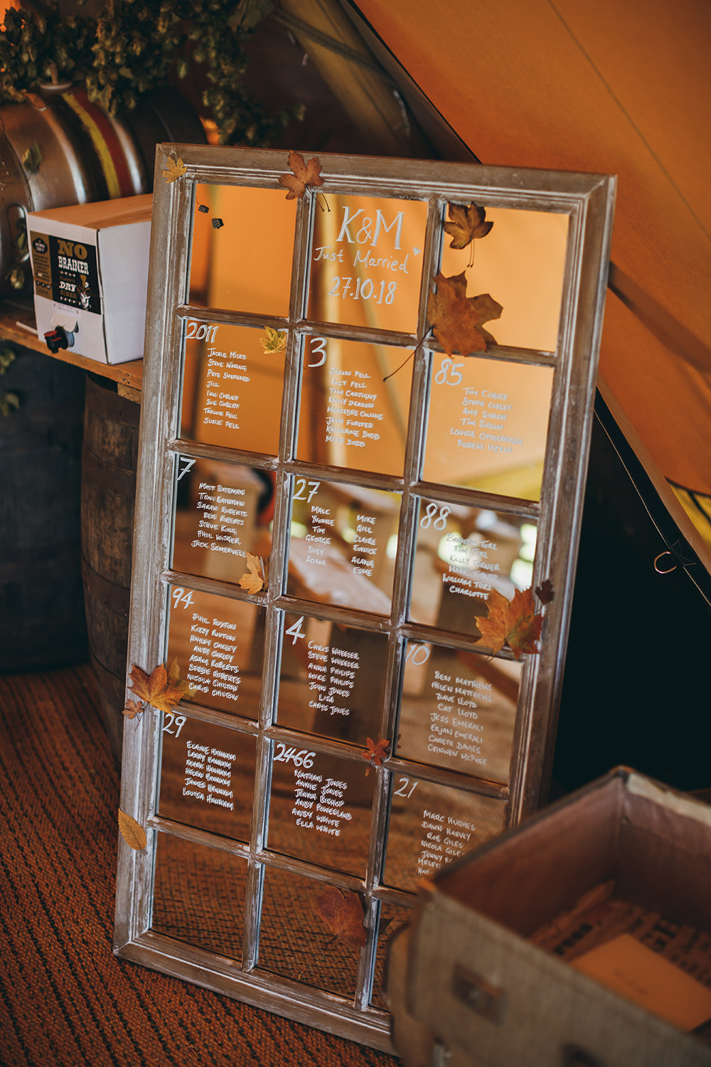 Mirror Window Frame Table Plan Seating Chart Autumnal Rustic Wedding Mark Tattersall Photography