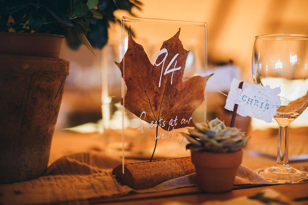 Glass Perspex Acrylic Leaf Table Number Name Autumnal Rustic Wedding Mark Tattersall Photography