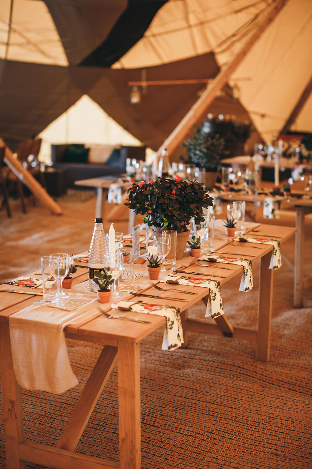 Tipi Long Tables Decor Runner Pot Plant Autumnal Rustic Wedding Mark Tattersall Photography