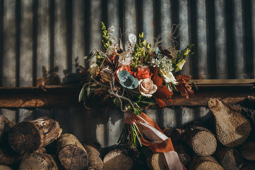 Bride Bridal Bouquet Flowers Orange Rose Seed Heads Eculyptus Autumnal Rustic Wedding Mark Tattersall Photography