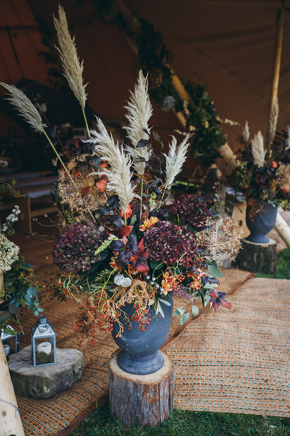Flower Arangement Tipi Pampas Grass Autumn Fall Dried Flowers Hydrangeas Autumnal Rustic Wedding Mark Tattersall Photography
