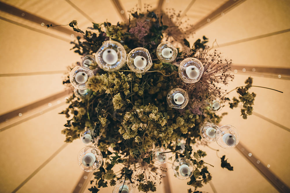 Tipi Flower Floral Chandelier Suspended Hanging Lights Lighting Autumnal Rustic Wedding Mark Tattersall Photography