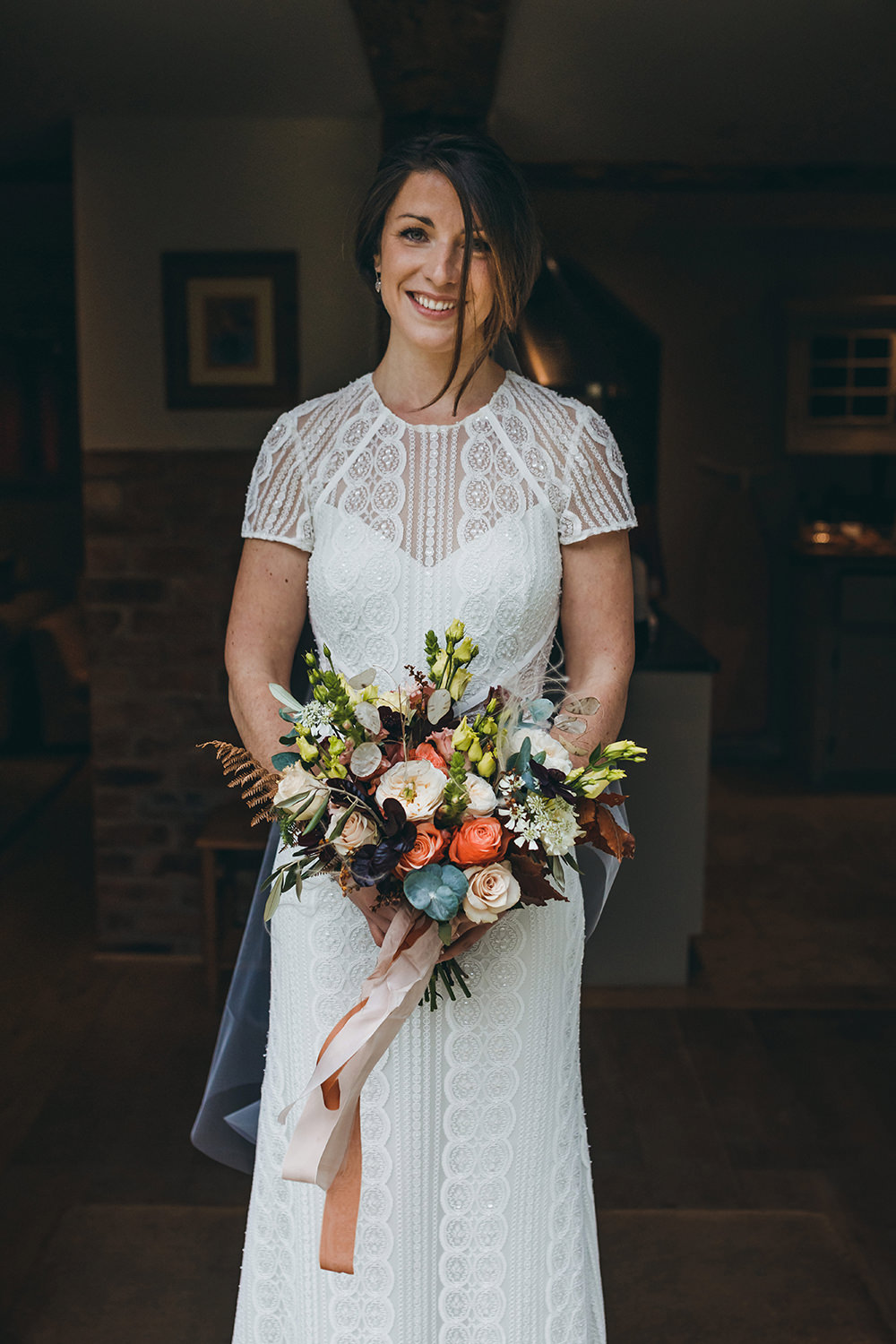 Dress Gown Bride Bridal Lace Lenora Watters Wtoo Beaded Cap Sleeves Autumnal Rustic Wedding Mark Tattersall Photography