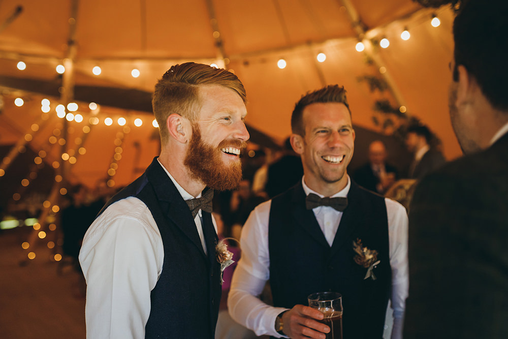 Groom Suit Blue Herringbone Tweed Waistcoat Brown Bow Tie Groomsmen Autumnal Rustic Wedding Mark Tattersall Photography