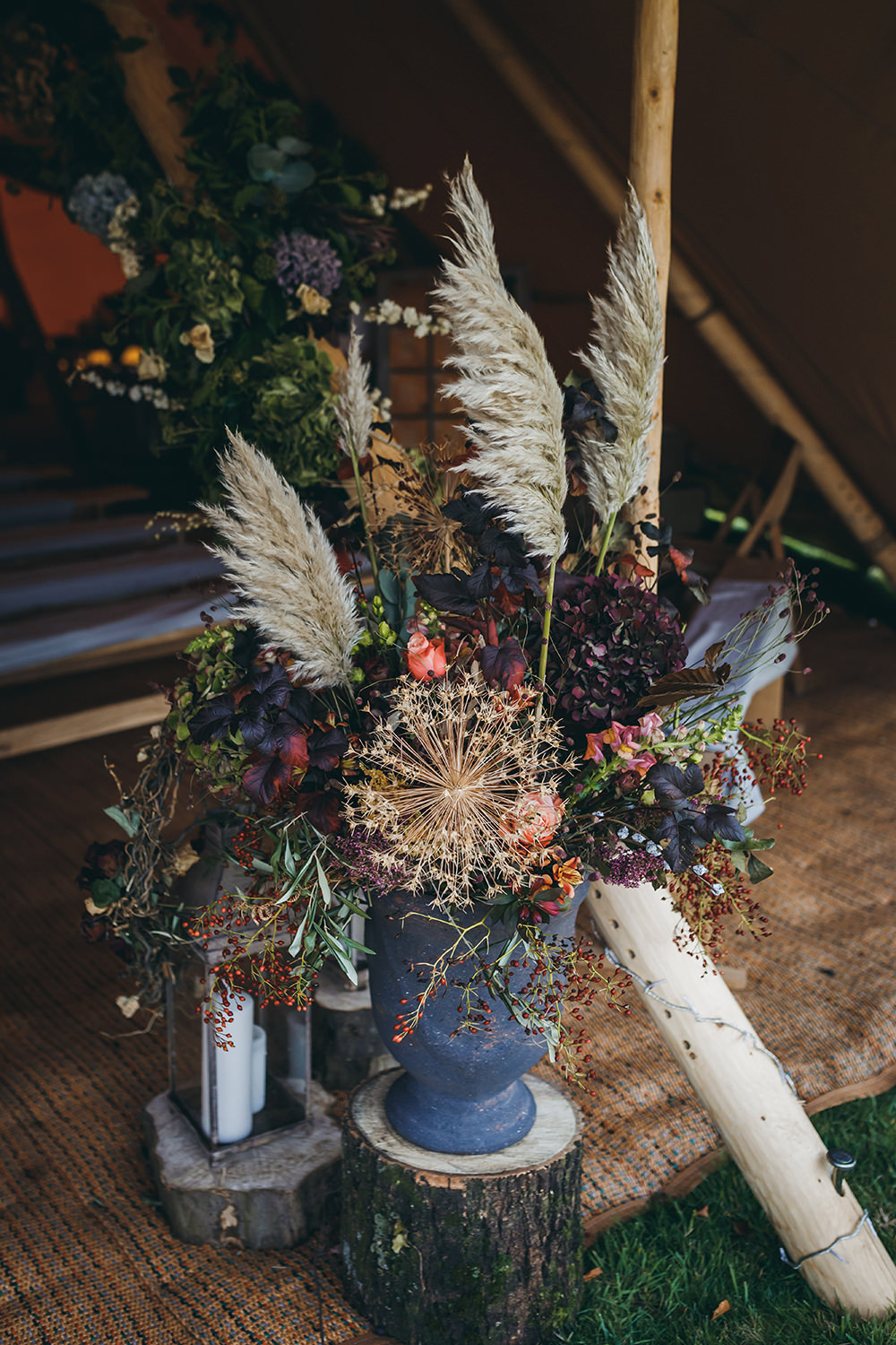 Flower Arangement Tipi Pampas Grass Autumn Fall Dried Flowers Hydrangeas Autumnal Rustic Wedding Mark Tattersall Photography