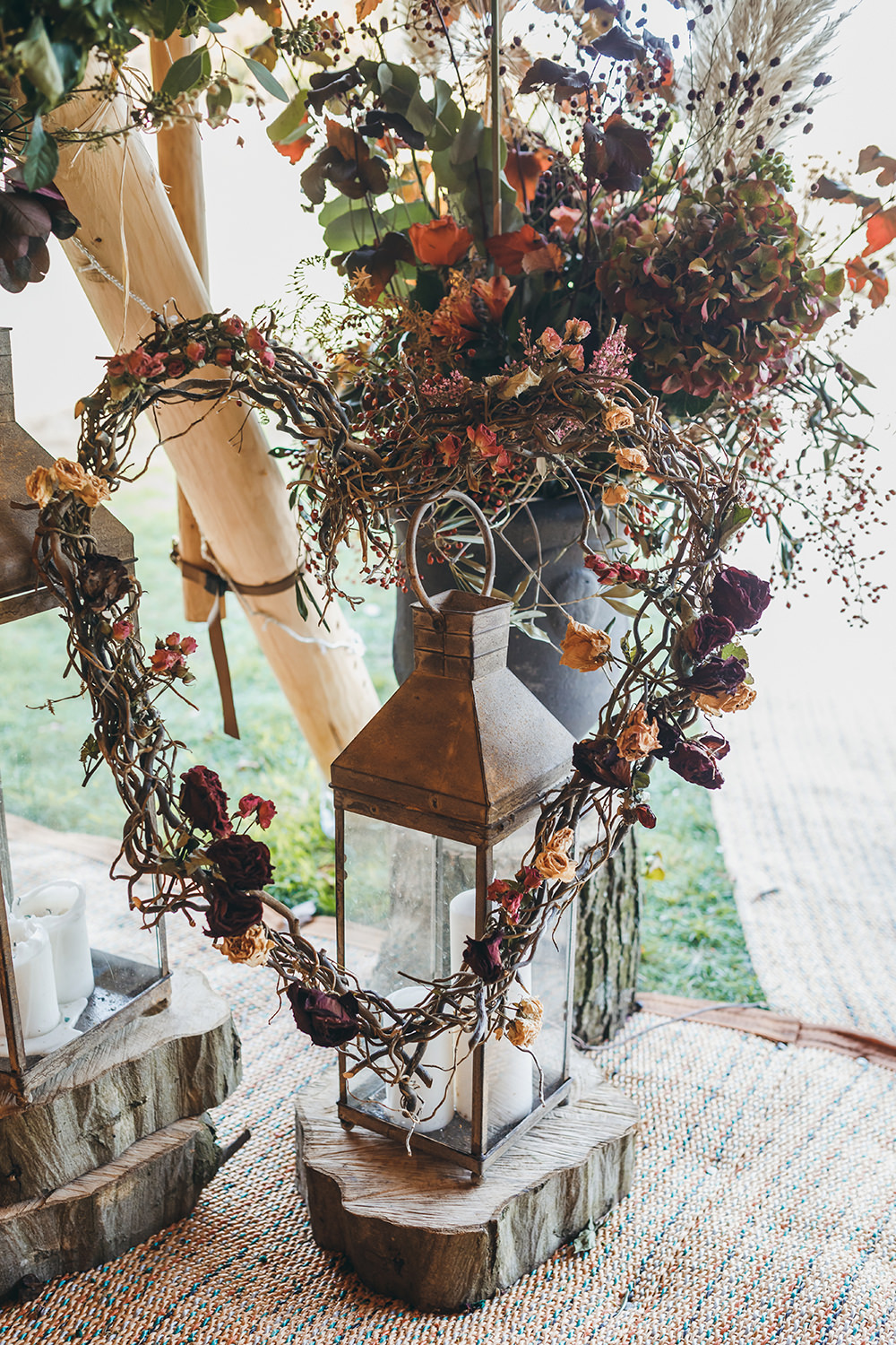 Flower Arangement Tipi Pampas Grass Autumn Fall Dried Flowers Hydrangeas Heart Autumnal Rustic Wedding Mark Tattersall Photography