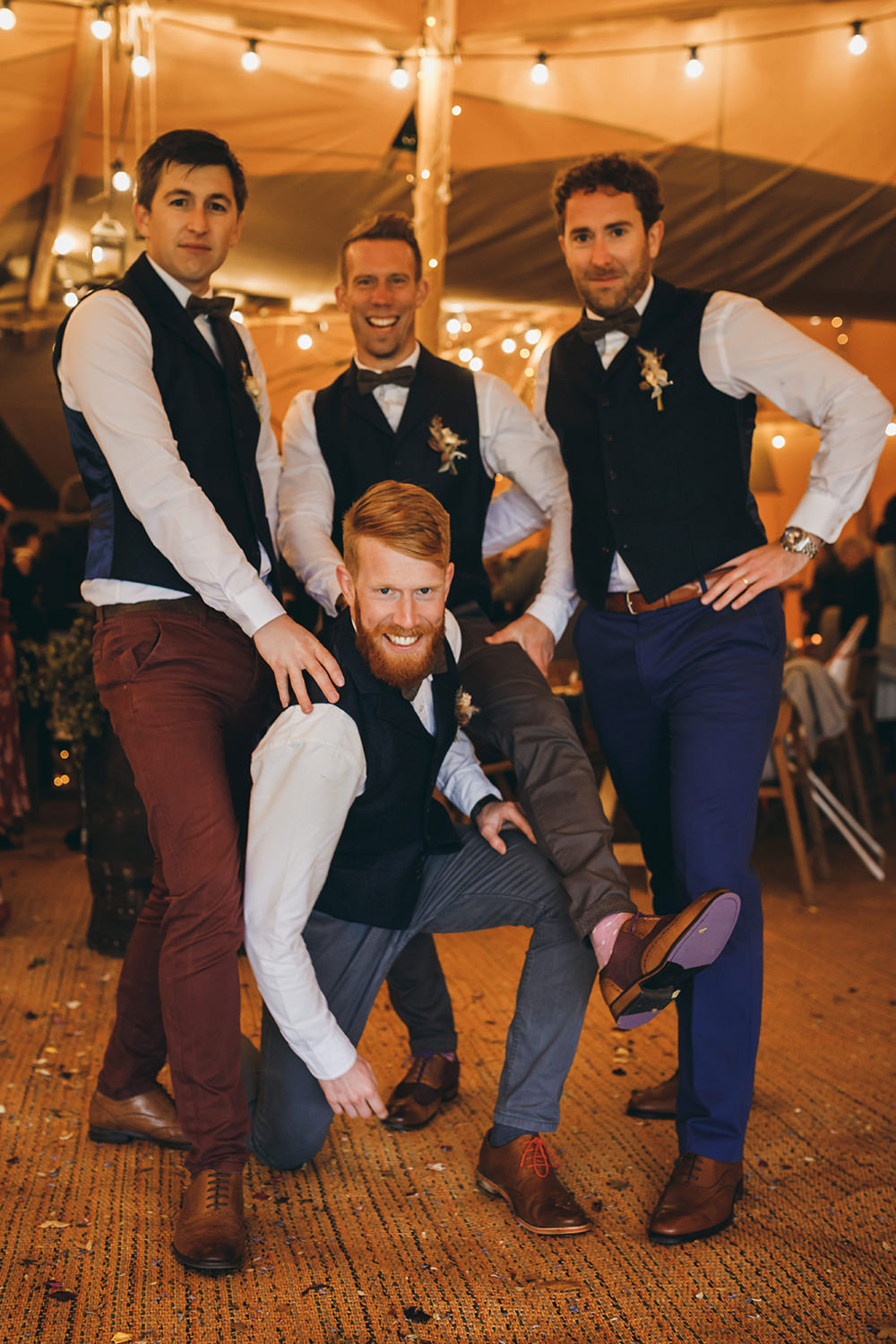 Groom Suit Blue Herringbone Tweed Waistcoat Brown Bow Tie Groomsmen Autumnal Rustic Wedding Mark Tattersall Photography