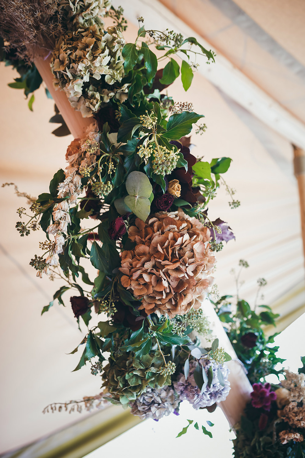 Flower Arangement Tipi Pampas Grass Autumn Fall Dried Flowers Hydrangeas Autumnal Rustic Wedding Mark Tattersall Photography