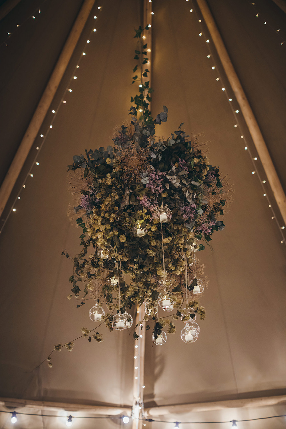 Tipi Flower Floral Chandelier Suspended Hanging Lights Lighting Autumnal Rustic Wedding Mark Tattersall Photography