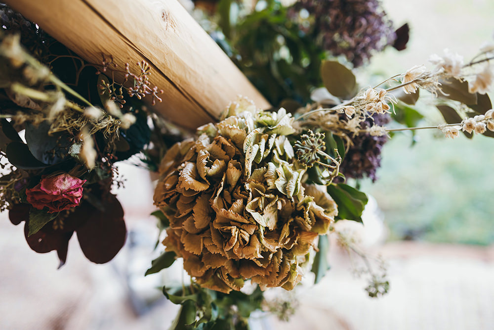 Flower Arangement Tipi Pampas Grass Autumn Fall Dried Flowers Hydrangeas Autumnal Rustic Wedding Mark Tattersall Photography