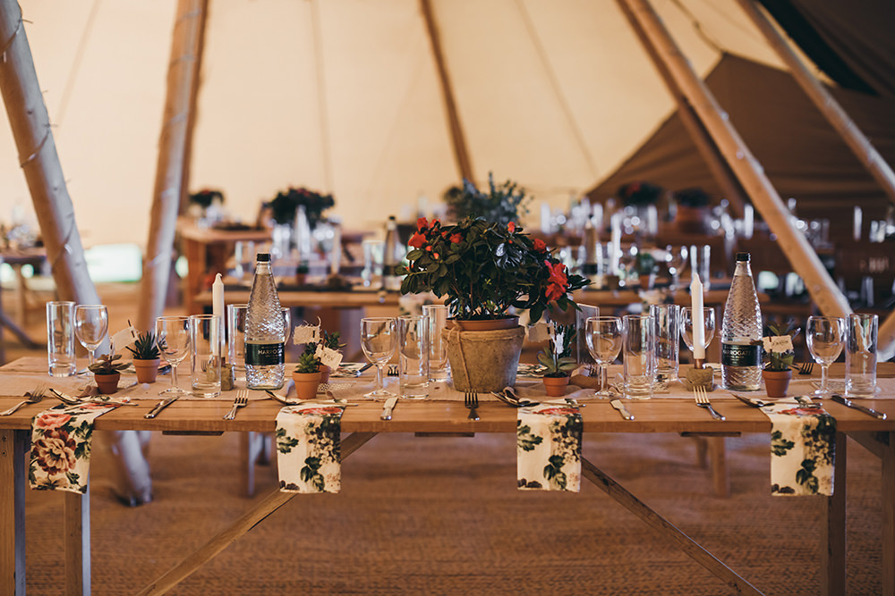 Tipi Decor Tables Floral Napkins Autumnal Rustic Wedding Mark Tattersall Photography