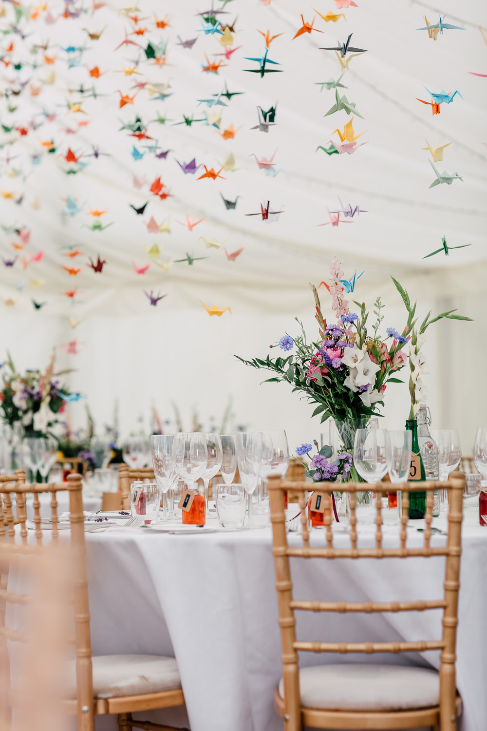 Marquee Origami Birds Paper Cranes Table Flowers Colourful Barff Country House Wedding Sarah Beth Photo