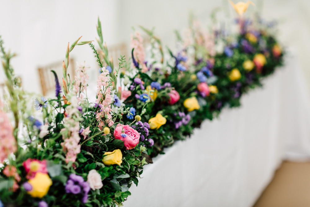 Table Flowers Top Table Runner Meadow Colourful Garland Barff Country House Wedding Sarah Beth Photo
