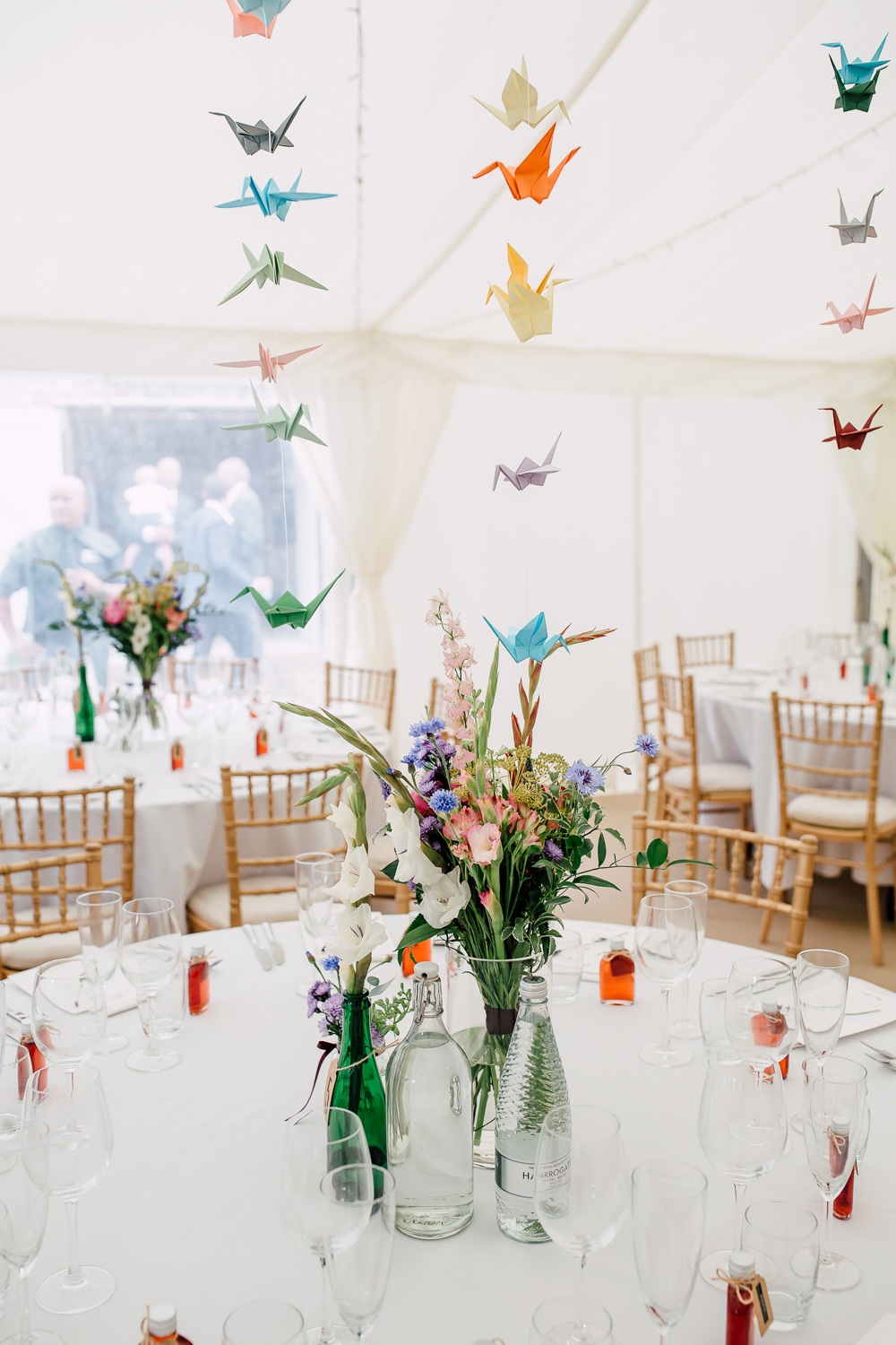 Marquee Origami Birds Paper Cranes Table Flowers Colourful Centrepiece Barff Country House Wedding Sarah Beth Photo