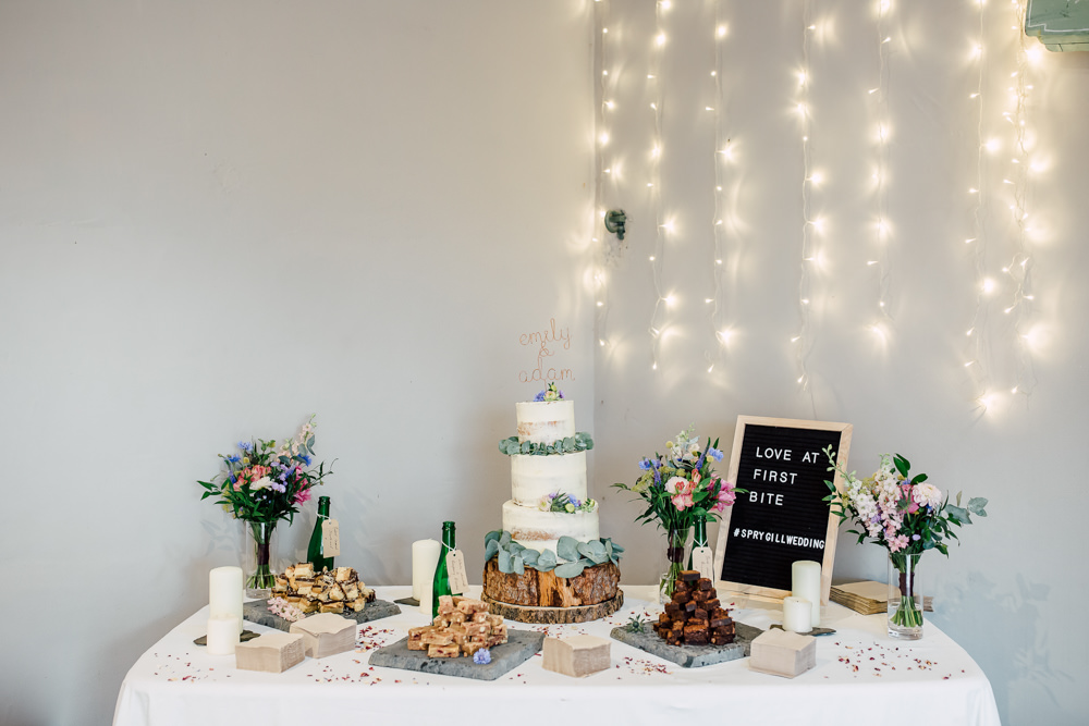 Cake Table Semi Naked Fairy Lights Barff Country House Wedding Sarah Beth Photo