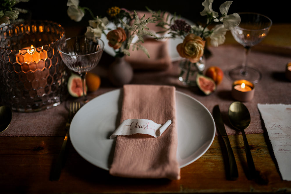 Place Setting Decor Napkin Calligraphy Place Name Card Flowers Fruit Blush Pink Wedding Ideas Meghan Lorna