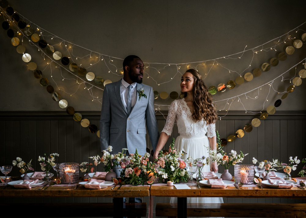 Table Flowers Peach White Candles Centrepiece Decor Decoration Table Tablescape Fairy Lights Blush Pink Wedding Ideas Meghan Lorna