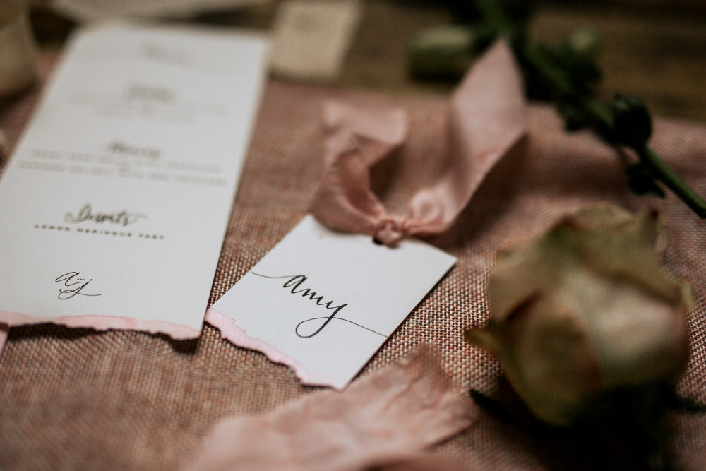 Stationery Invite Invitations Calligraphy Ribbon Flat Lay Suite Name Tag Blush Pink Wedding Ideas Meghan Lorna