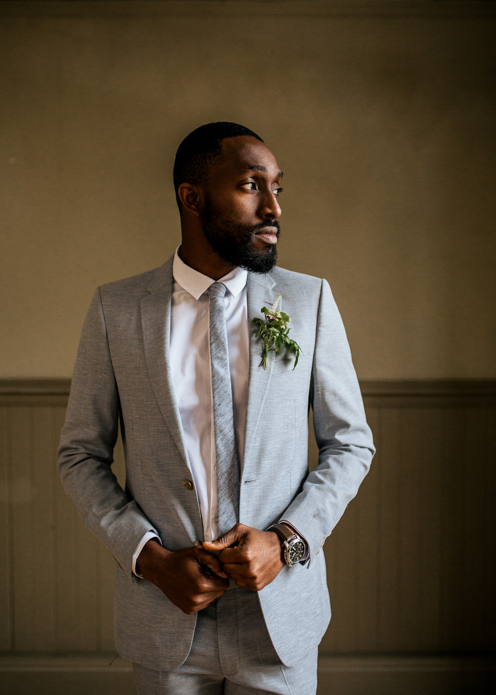Groom Suit Grey Tie Buttonhole Flowers Blush Pink Wedding Ideas Meghan Lorna