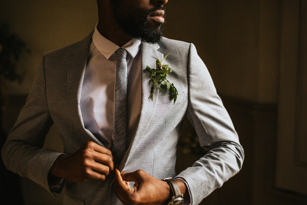Groom Suit Grey Tie Buttonhole Flowers Blush Pink Wedding Ideas Meghan Lorna