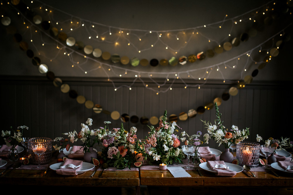 Table Flowers Peach White Candles Centrepiece Decor Decoration Table Tablescape Fairy Lights Blush Pink Wedding Ideas Meghan Lorna