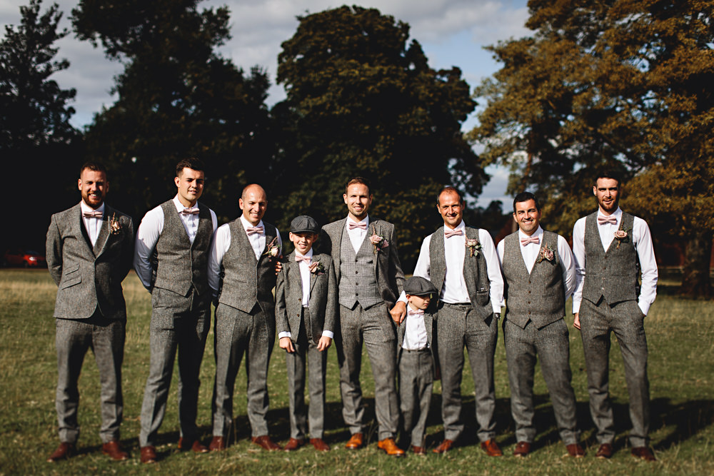 Groom Groomsmen Suit Grey Waistcoat Pink Bow Tie Calke Abbey Wedding HBA Photography
