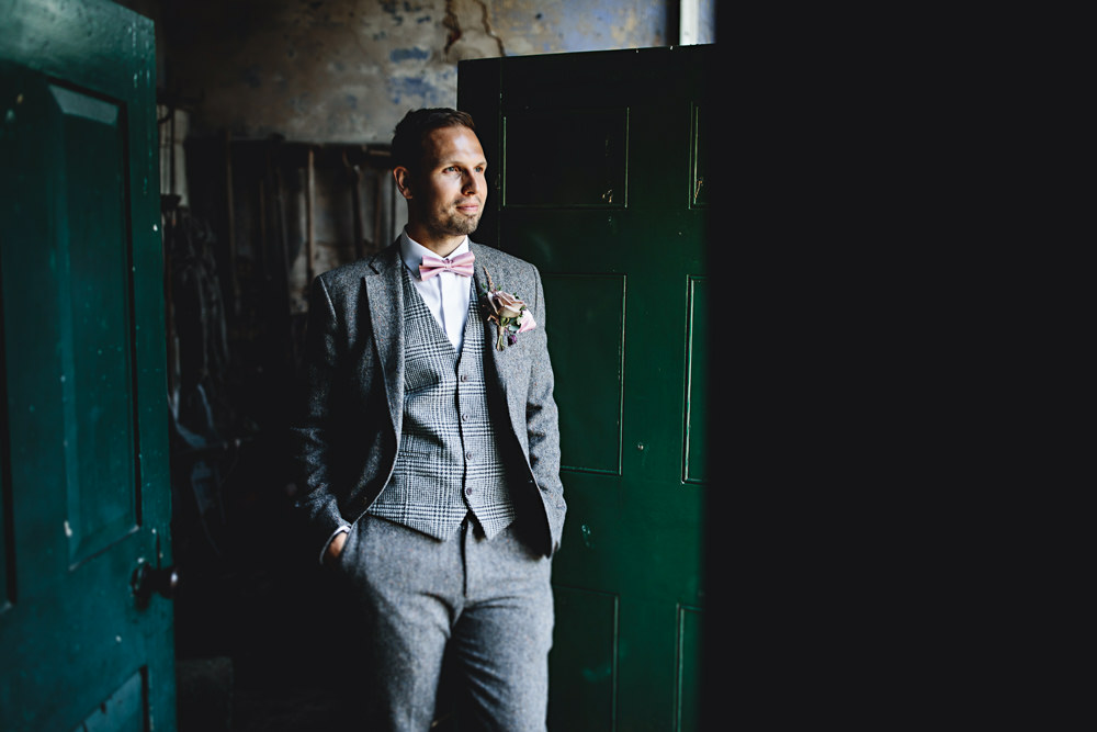 Groom Groomsmen Suit Grey Waistcoat Pink Bow Tie Calke Abbey Wedding HBA Photography