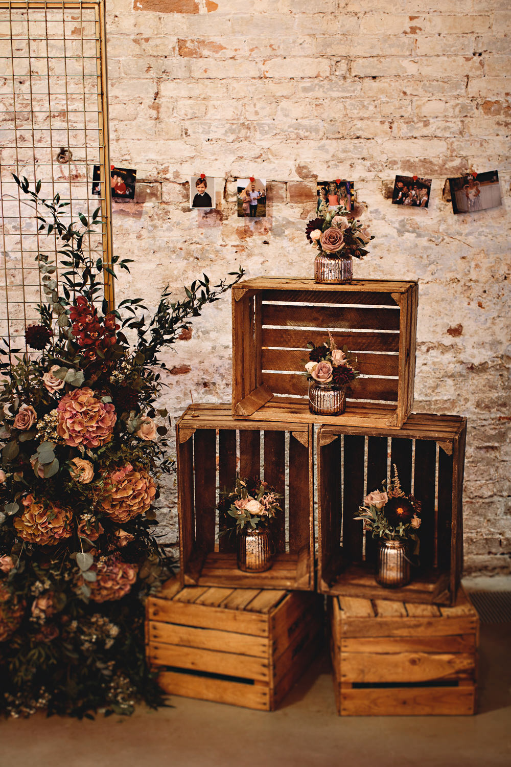 Wooden Crate Decor Flowers Calke Abbey Wedding HBA Photography