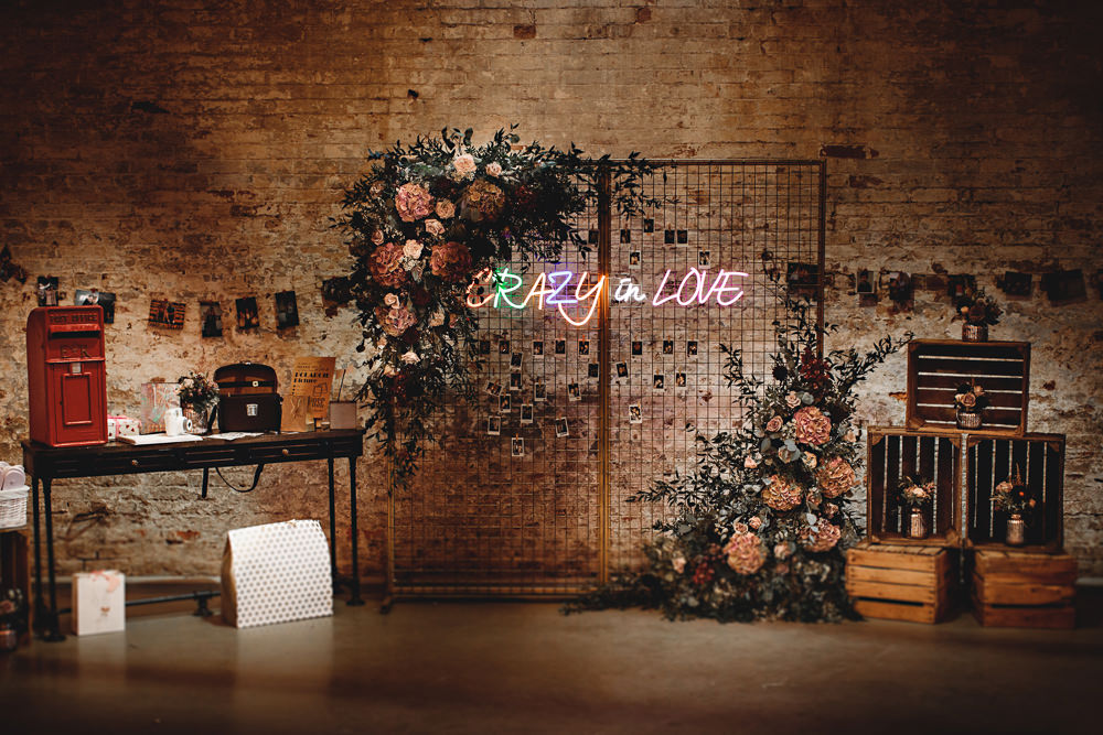Wire Backdrop Flowers Neon Lights Sign Signage Signs Calke Abbey Wedding HBA Photography