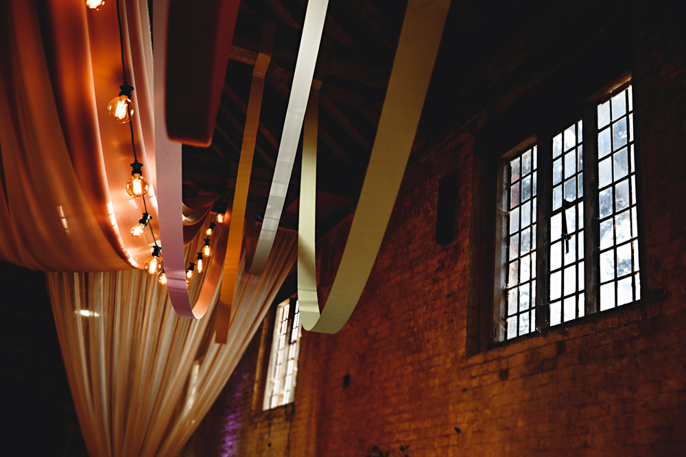 Drapes Fabric Ribbons Decor Decoration Lights Lighting Festoon Lights Calke Abbey Wedding HBA Photography