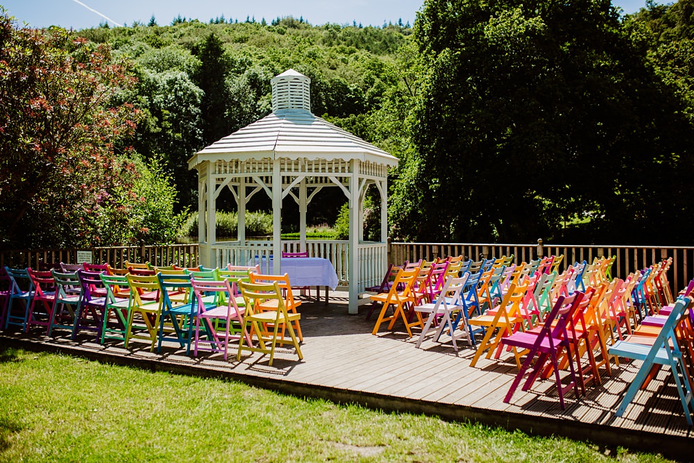 Outdoor Ceremony Multicolour Chairs Canonteign Falls Wedding Holly Collings Photography