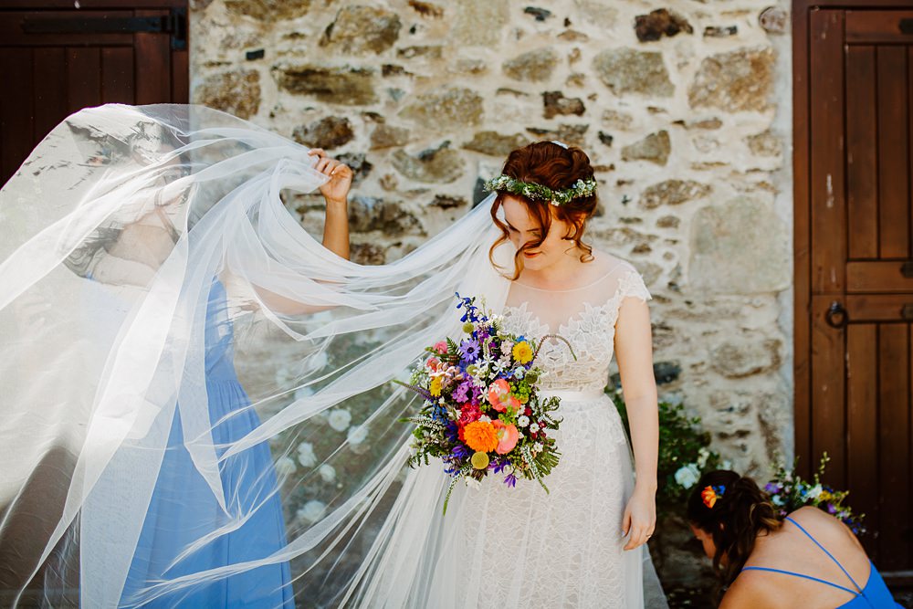 Dress Gown Bride Bridal Lace Tulle Farah Watters Illusion Veil Canonteign Falls Wedding Holly Collings Photography