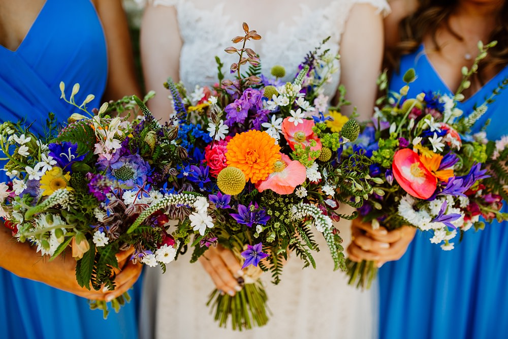 Bouquet Flowers Bride Bridal Poppy Craspedia Colourful Multicolour Canonteign Falls Wedding Holly Collings Photography