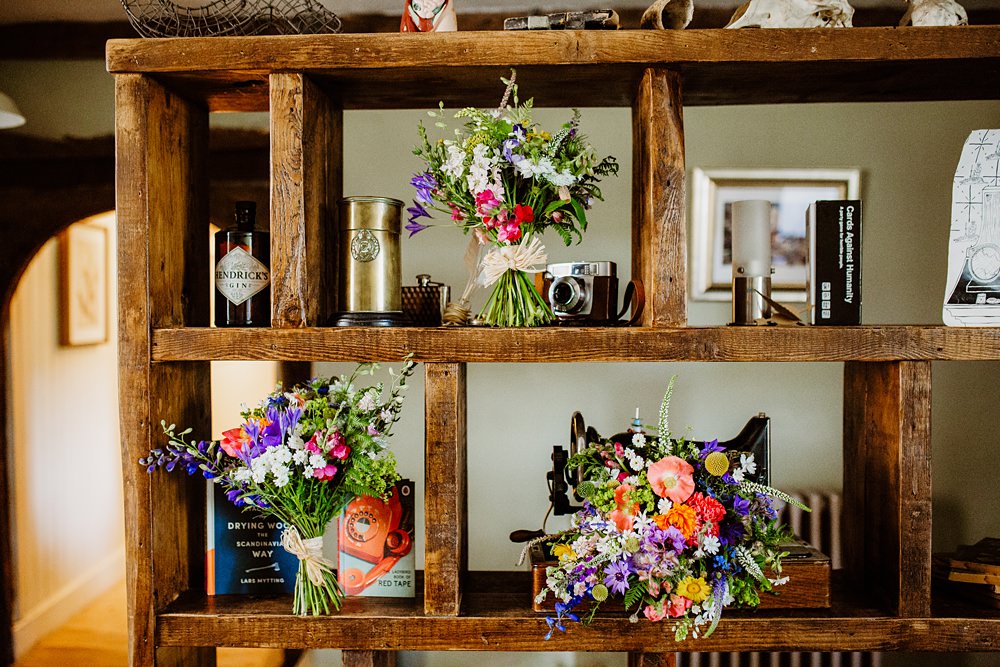 Bouquet Flowers Bride Bridal Poppy Craspedia Colourful Multicolour Canonteign Falls Wedding Holly Collings Photography