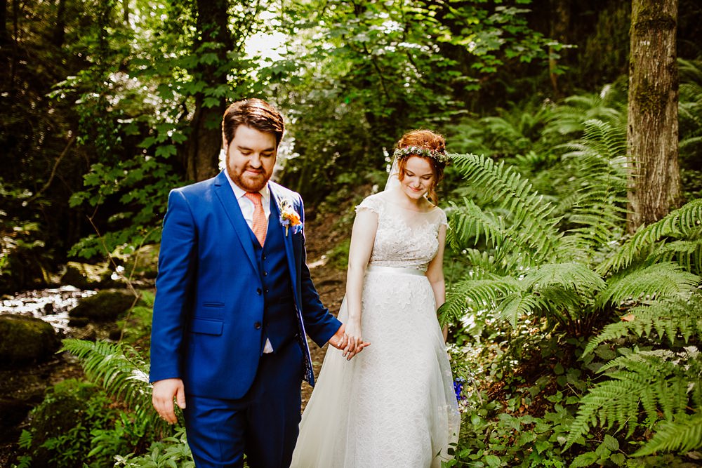 Groom Groomsmen Suit Blue ORange Tie Canonteign Falls Wedding Holly Collings Photography