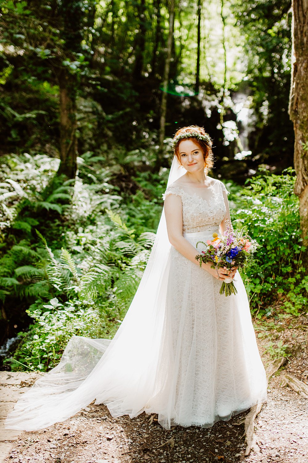 Dress Gown Bride Bridal Lace Tulle Farah Watters Illusion Canonteign Falls Wedding Holly Collings Photography